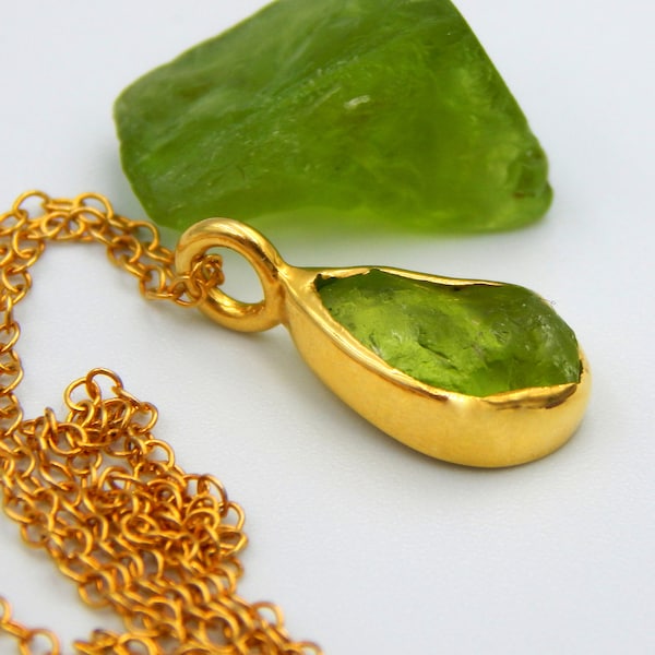 Peridot Pendant, Rough Raw Natural Gemstone, August Birthstone, Sterling Silver Gold Plated, Chain Solitaire Minimalist Necklace, Gift