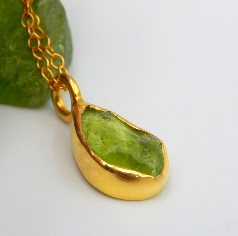 Handmade Raw Green Peridot Pendant: 18k Gold Plated Sterling Silver August Birthstone Necklace image 3