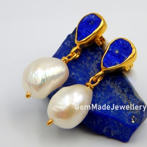 Handmade Raw Lapis Lazuli & Baroque Pearl Earrings: 18k Gold Plated Silver Blue Birthstone Earrings.