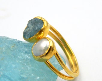 Aquamarine Ring, Baroque Pearl Ring, Raw Gemstone, March June Birthstone Ring, Sterling Silver Gold Plated, Handmade, Minimalist Ring, Gift