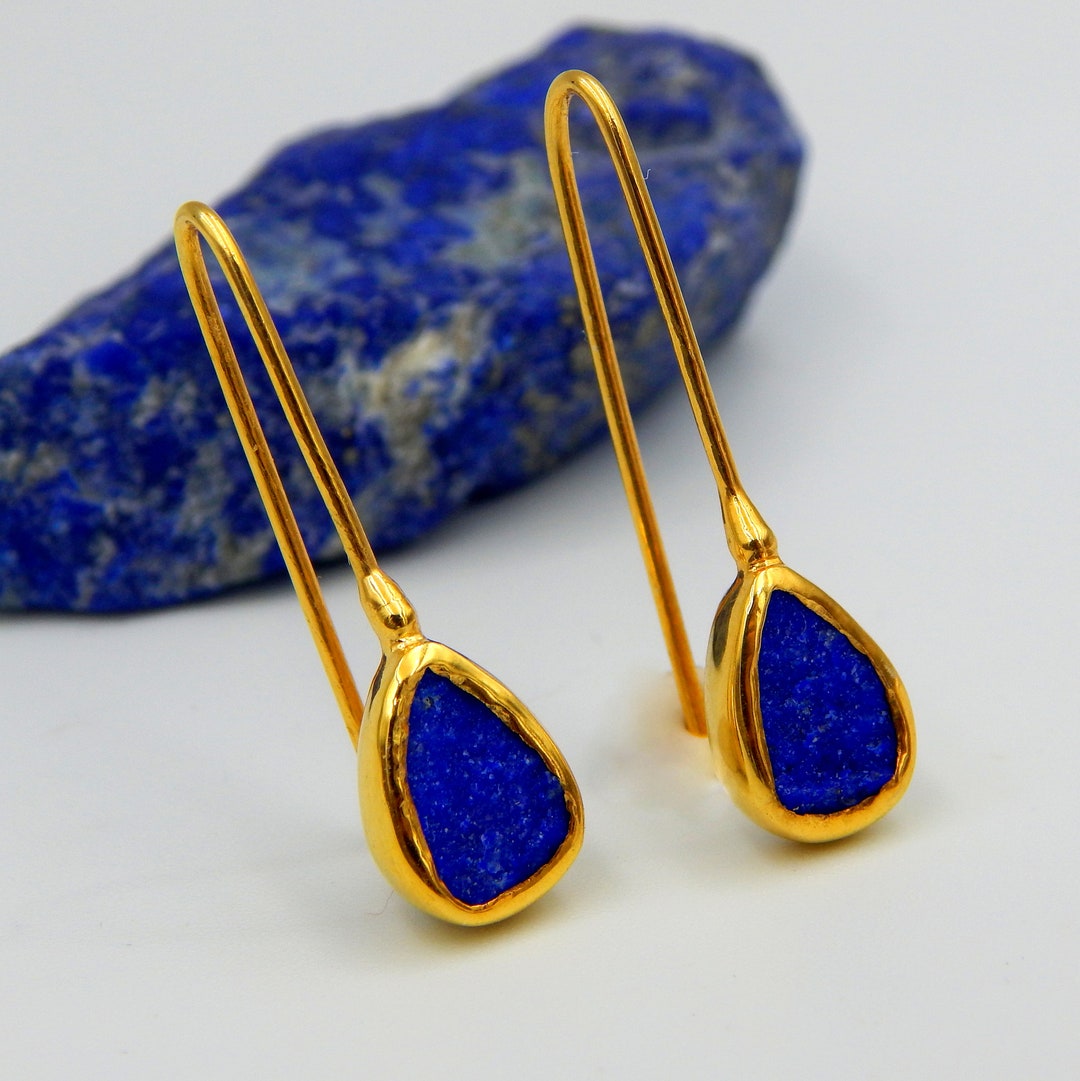 Lapis Gold Drop Earrings for her - Minimalist, elegant authentic lapis lazuli circle round gemstones in newest vermeil gold and 14k gold filled