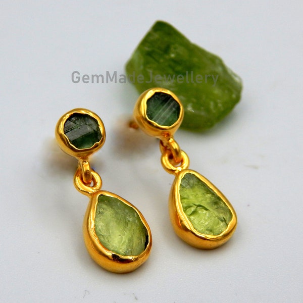 Green Tourmaline and Peridot Earrings, Dangle Earrings, Raw Gemstone, August Birthstone, Sterling Silver Gold Plated, Unique Gift.