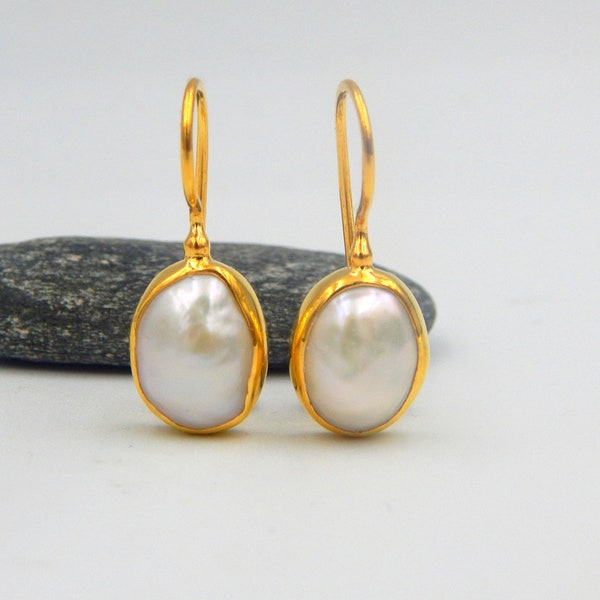 Pearl Earrings, Drop Earrings, Baroque Pearl, White Pearl, June Birthstone, Sterling Silver Gold Plated, Wedding, Bridal, Unique Gift