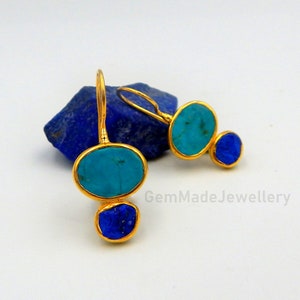 Lapis Lazuli and Turquoise Drop Earrings, Raw Gemstone, September December Birthstone, Sterling Silver Gold Plated, Mother&#39;s Day Gift.