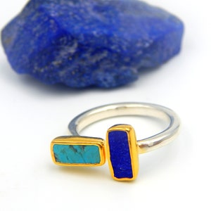 Lapis Lazuli Ring, Turquoise Ring, Statement Ring, Raw Gemstones, September December Birthstone, Sterling Silver Gold Plated, Gift For Her