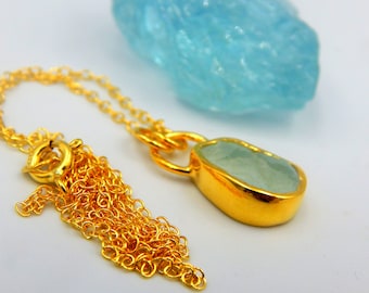 Handmade Raw Aquamarine Gemstone Pendant: Gold Plated Sterling Silver March Birthstone Blue Chain Necklace.