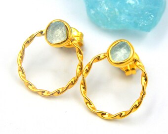 Handmade Raw Aquamarine  Earrings: Gold Plated Sterling Silver, March Birthstone Hoop Stud Earrings.