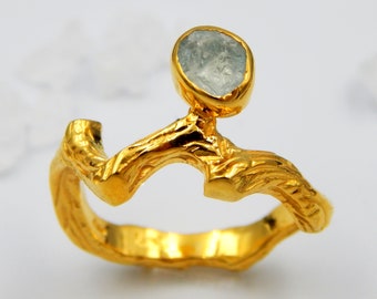 Handmade Raw Aquamarine Gemstone Ring: 18k Gold Plated Sterling Silver March Birthstone Minimalist Ring