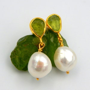 Peridot Earrings, Baroque Pearl Earrings, Stud Earrings, Raw Gemstone, August June Birthstone, Sterling Silver Gold Plated, Gift For Her