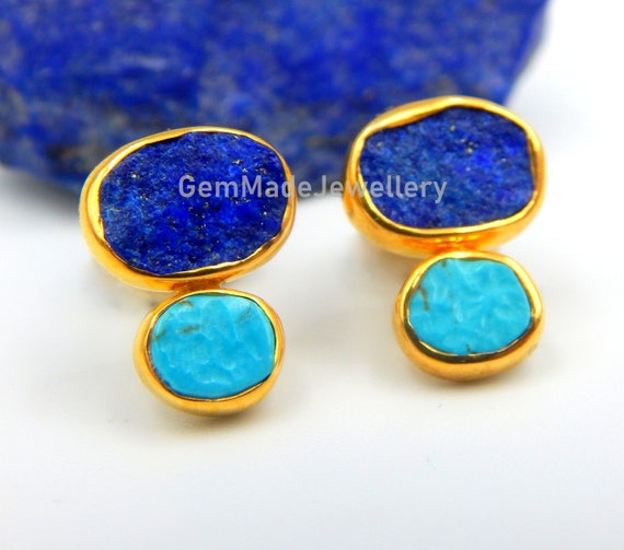 Lapis Lazuli Earrings, Turquoise Earrings, Stud Earrings, Rough Gemstones,  September December Birthstone, Sterling Silver Gold Plated, Gift - Etsy