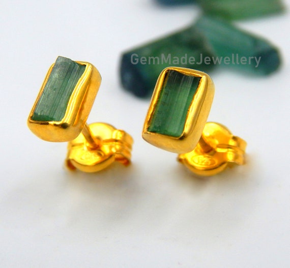 Green Tourmaline Earrings Stud Earrings Rectangle Rough
