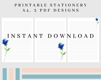 Blue Flower Printable Stationery A4/Digital Paper/Printable Paper/Instant Download/Digital Lined Paper/Writing Paper/Notes Pages/White Roses