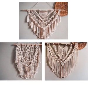 May include: Three macrame wall hangings in a natural beige colour. Each hanging features a different pattern and is made with a wooden dowel at the top.