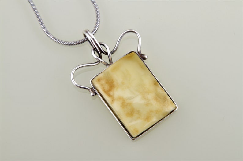 Genuine Ukrainian Yellow Landscape Amber Necklace With Silver Boards Perfect Presend Gift for Her Unique Royal Amber Pendant by Chronicles
