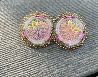 Native American Beaded Pink Flower Earrings