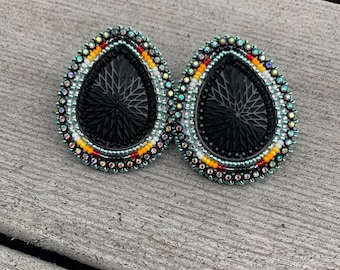 Native American Beaded Black Teardrop Earrings