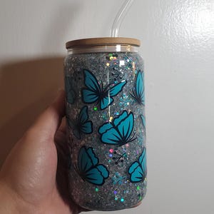Blue Butterflies Snow Globe Cup | Silver Holographic | 12 oz. | Glitter