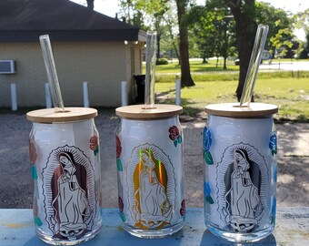 Our Lady of Guadalupe Glass Can | Vigen De Guadalupe | Roses | CUSTOM