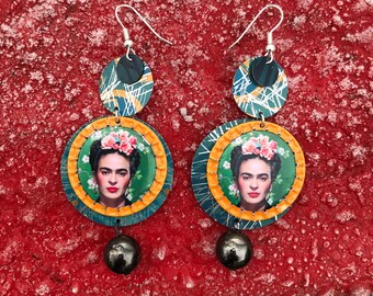 One off uniquely handcrafted Frida earrings,handcrafted with recycled bottle tops, vintage tins and patience !