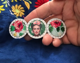 Frida and flowers Mexico /art lover hair barrette / upcycled handmade hair clip
