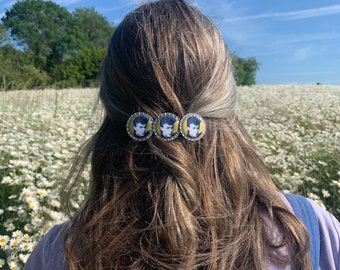 Ziggy played guitar, David Bowie hair barrette, handmade recycled bottle tops, repurposed fashion,beautiful hair styling