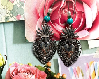 Flaming Heart Earrings / Mexico amor earrings / love heart earrings