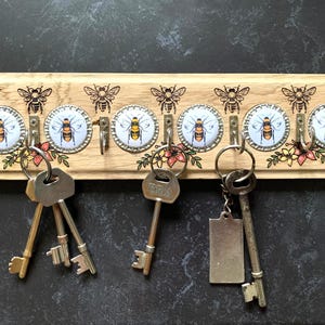 Handcrafted Bee Key Holder, Reclaimed Oak & Bottle Cap Decor
