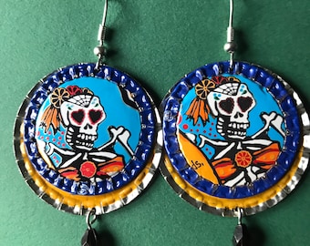 Day of the dead earrings,  dia de los muertos ,  One off unique eco skeleton earrings handcrafted