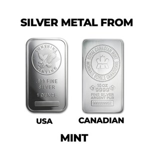 May include: Two silver bullion bars, one from the Sunshine Minting company and one from the Royal Canadian Mint. Both bars are 1 ounce of .999 fine silver.