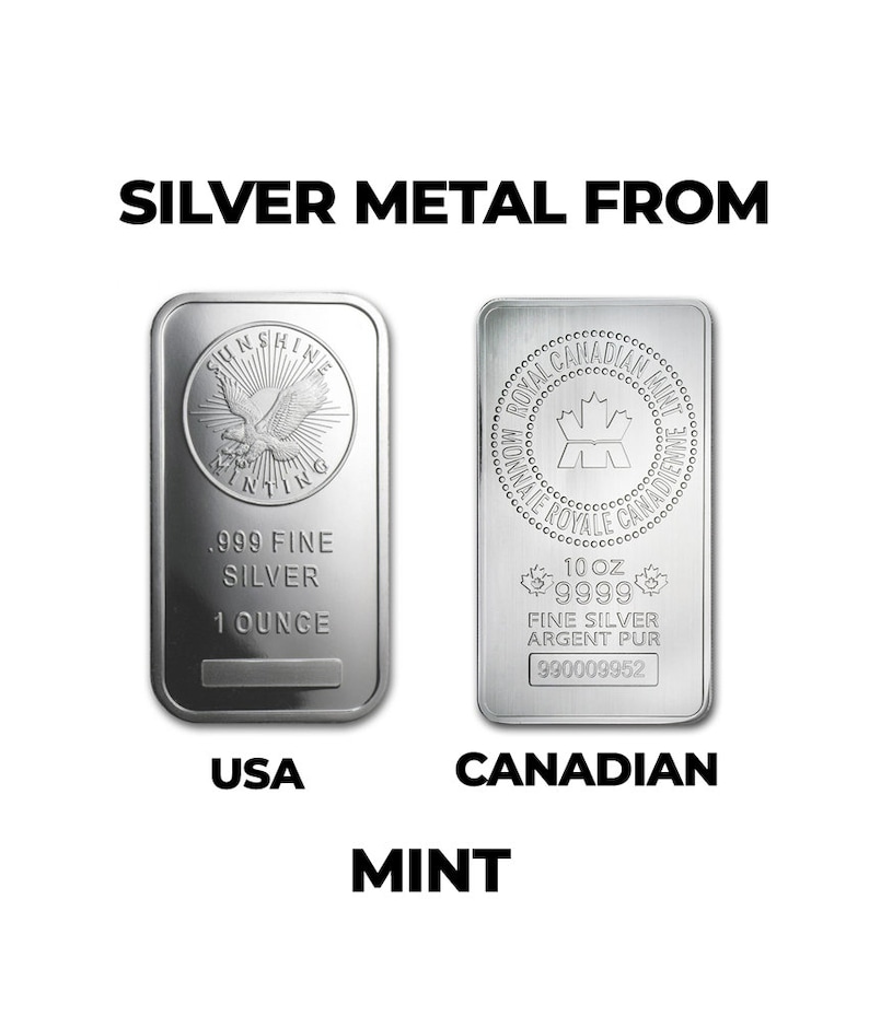 May include: Two silver bullion bars, one from the Sunshine Minting company and one from the Royal Canadian Mint. Both bars are 1 ounce of .999 fine silver.