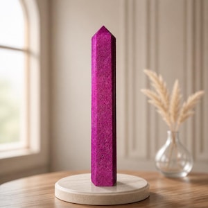 May include: A tall, hexagonal obelisk with a vibrant, deep magenta textured surface and a pointed pyramidal top. The object stands upright on a smooth, circular, light-colored base, displaying a consistent crystalline-like finish throughout.
