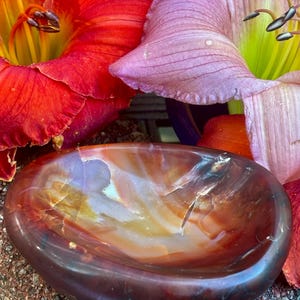 May include: A polished, oval-shaped stone bowl with a rich, earthy color palette of deep reds, browns, and hints of orange and yellow. The bowl's surface has a smooth, glossy finish, and it is surrounded by vibrant red and pink flowers.