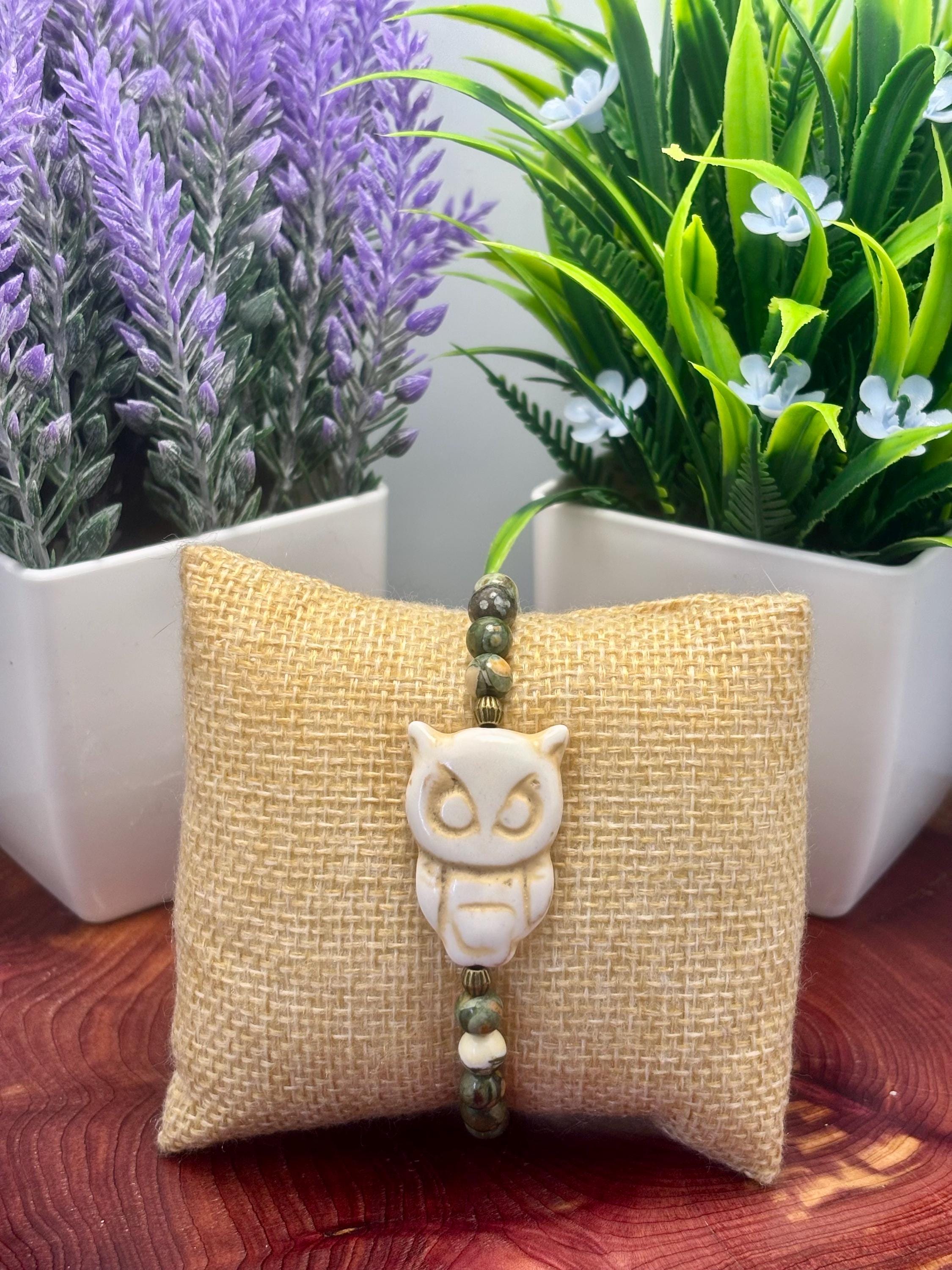 Howlite Owl and Rhyolite (Rainforest Jasper) Beaded Bracelet | Choose Size | Transformation , wisdom