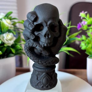 May include: A black sculpture of a skull held by a hand, with a snake coiled around the base. The skull has detailed features, and the sculpture sits on a decorative pedestal. The overall theme is gothic or macabre.