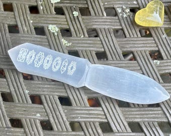 Selenite Knife w/Chakra Symbols >10” 340g,  Cutting Energetic Cords, Cleanse Auras
