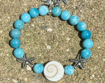AAA Sky Blue Larimar Beaded Bracelet with Spiral Shell Bead, Antique Silver Starfish Beads & Charms | Choose Size | Healing, Peace, Clarity
