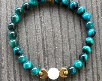 Triple Moon Bracelet with  AAA Mystic Blue Tiger Eye | Choose Size | Feminine Energy, Intuition | See item description for more details