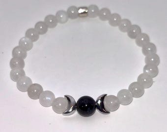 Triple New Moon Bracelet with Black Onyx & Blue Flash Moonstone Beads | Choose Size | Feminine Empowerment