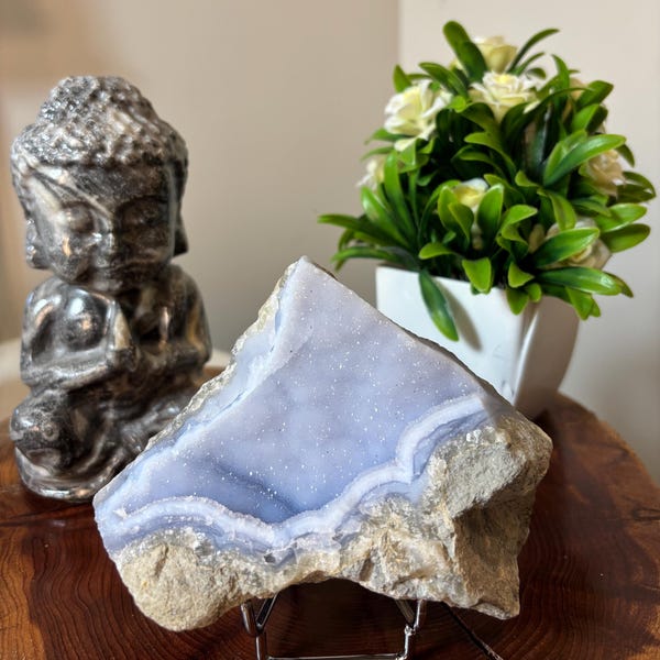 Blue Lace Agate Druzy Freeform w/Stand | 336g | Stone of Peace, Grace &  Emotional Healing