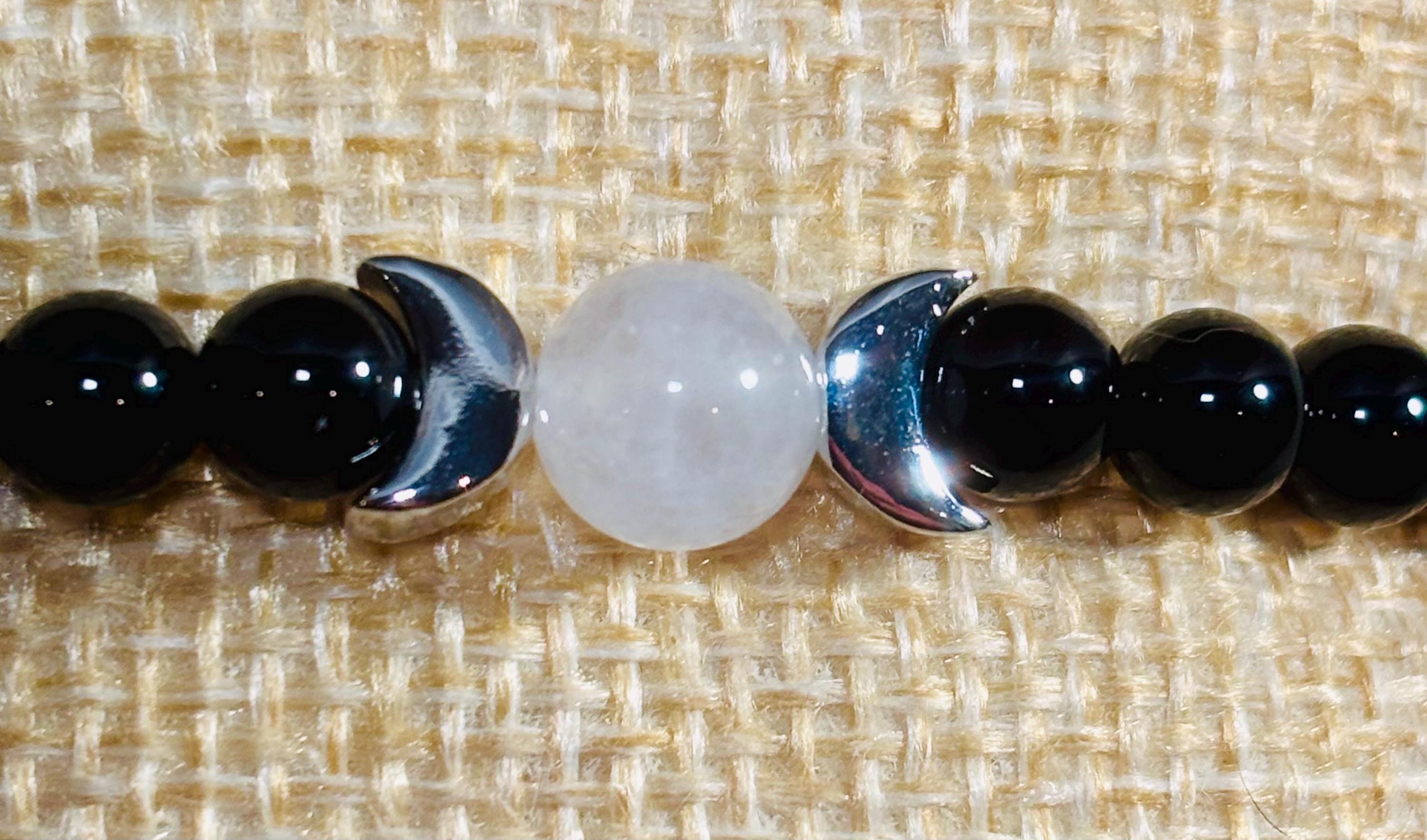Triple Moon Bracelet with Moonstone & Black Onyx Beads | Choose Size  | Feminine Empowerment