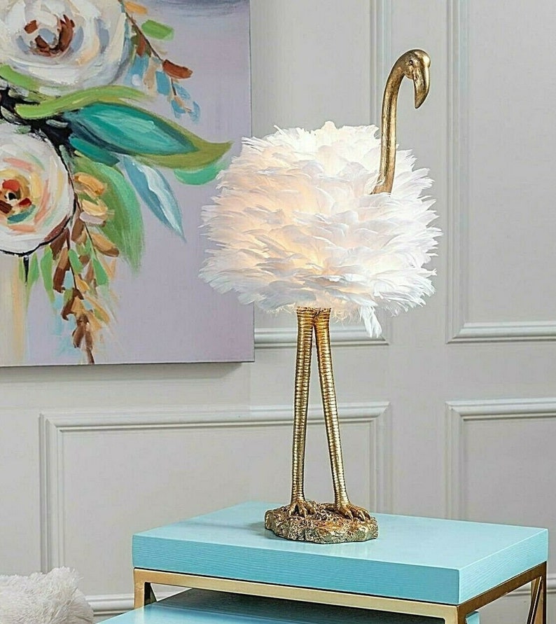 Flamingo Table Lamp Gold White Feather Shade Sculptural Accent Etsy