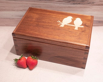 Walnut Jewelry Box - Blue Fabric - Love Birds Maple Inlay (10"x6.5"x4.5") - Including Removable Ring Organizer