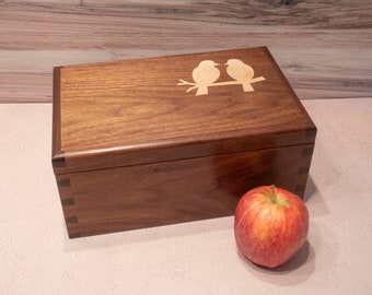 Walnut Jewelry Box - Green Fabric - Love Birds Maple Inlay (10"x6.5"x4.5") - Including Removable Ring Organizer