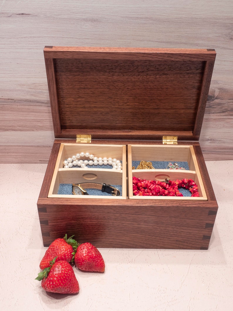 Walnut Jewelry Box Blue Fabric Love Birds Maple Inlay Etsy