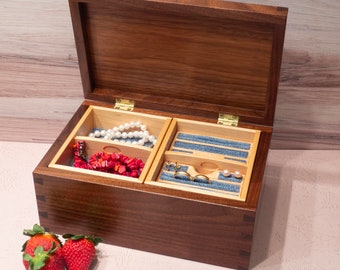 Walnut Jewelry Box With Hand-Cut Dovetails (10"x6.5"x4.5") - Blue Fabric - Including Removable Ring Organizer