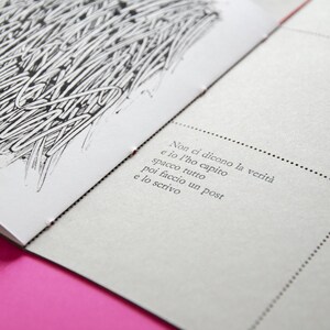 May include: A close-up of a page from a book with black and white ink drawings and text in Italian. The text reads: "Non ci dicono la verit&agrave; e io l'ho capito spacco tutto poi faccio un post e lo scrivo."