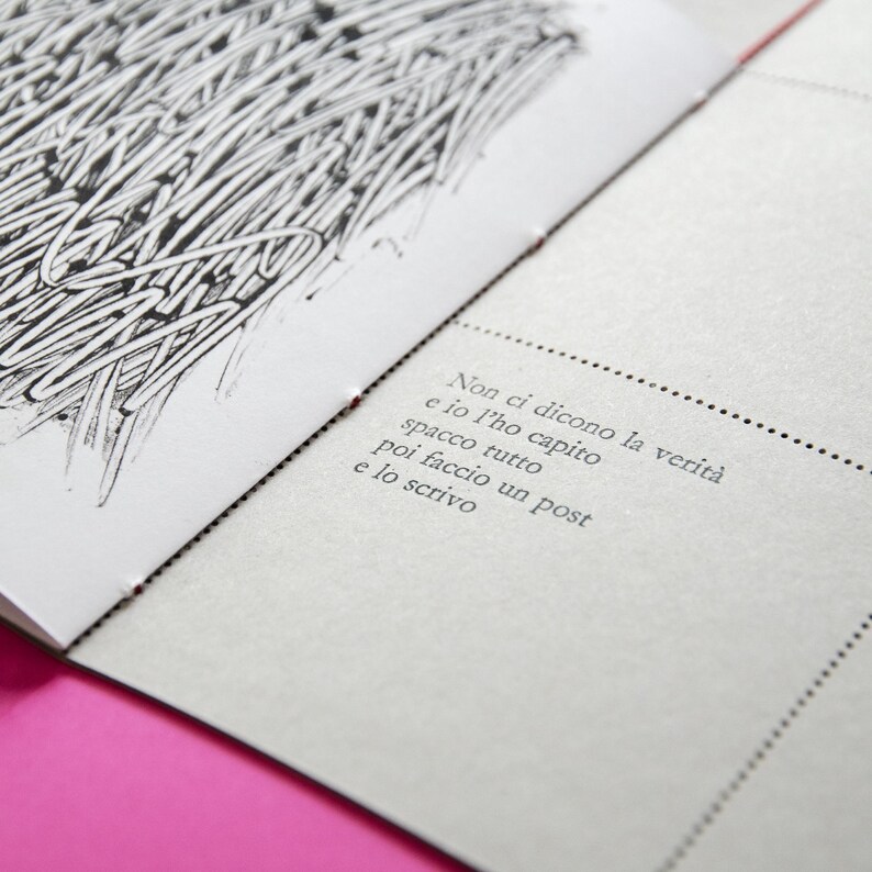 May include: A close-up of a page from a book with black and white ink drawings and text in Italian. The text reads: "Non ci dicono la verit&agrave; e io l'ho capito spacco tutto poi faccio un post e lo scrivo."
