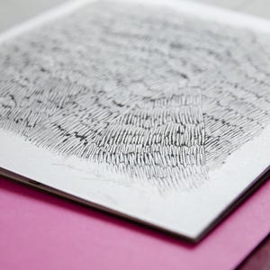 May include: A black and white abstract drawing of a textured surface with lines and curves. The drawing is on a white background.