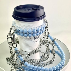 Beaded Cup Holder with Chain Strap – Blue Acrylic Drink Carrier – Hands-Free Coffee Holder with Silver Chain – Cute Reusable Cup Sling