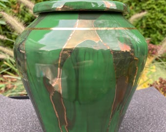 Handmade Ceramic Cremation Urn: Green Pottery with 22kt Gold (120 cubic inches)